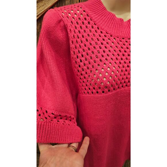 THML sz S pink puff statement blouse see through net accents NWOT bright fun - Picture 5 of 9